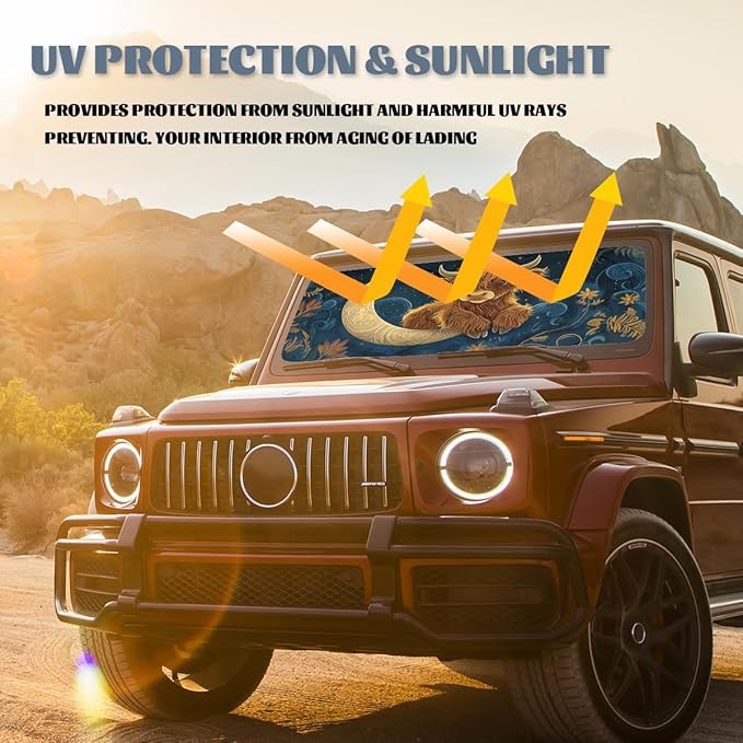 Cute Highland Cow Car Window Sun Shield Moon Flowers Night Sky Animals Front Window Sun Shade Blocks UV Rays Sun Visor Protector for Car Sedan Truck SUV Accessories 59" L x 31.5" W