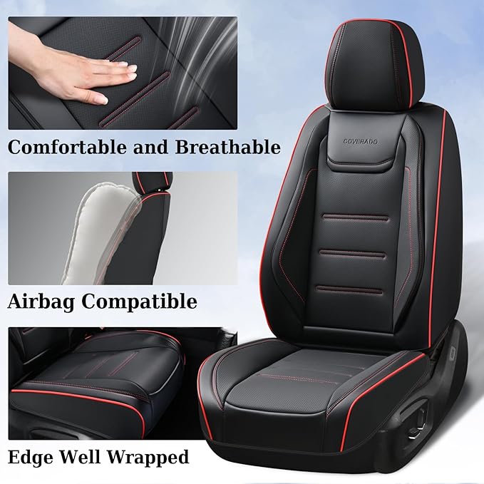 Coverado Car Seat Covers, Front Covers for Cars, Car Seat Cover Front Seats, Car Seat Protector Waterproof, Leather Cushion, Universal Interior Covers Seat Protectors for Most Cars Black-Redline