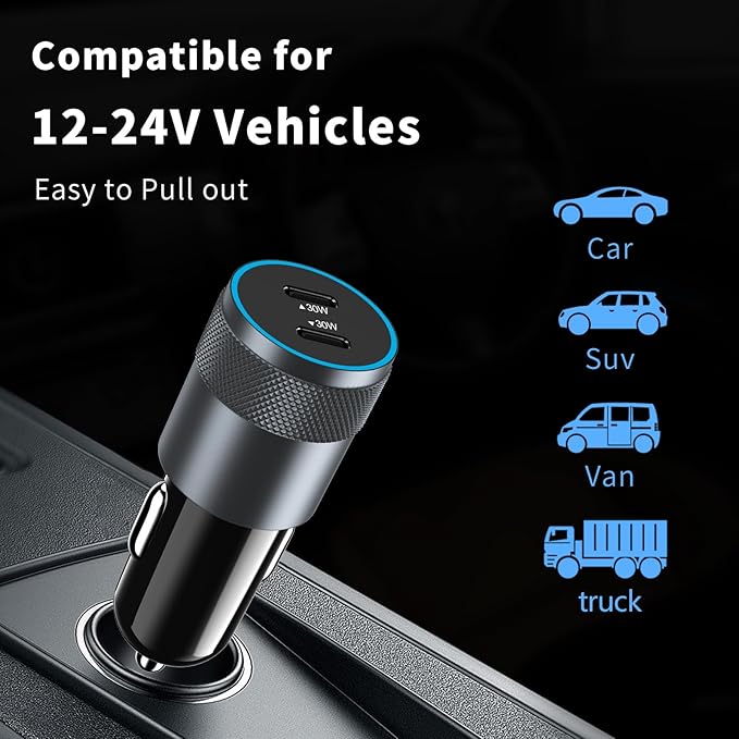 5 Pack USB C Car Charger Adapter, Aymla 60W Dual PD 3.0 Auto Cigarette Lighter Car Plug 2 Ports Type-C Fast Charging for iPhone 16 Pro Max/15 Plus, Samsung Galaxy S25 Ultra, Google Pixel 9, iPad
