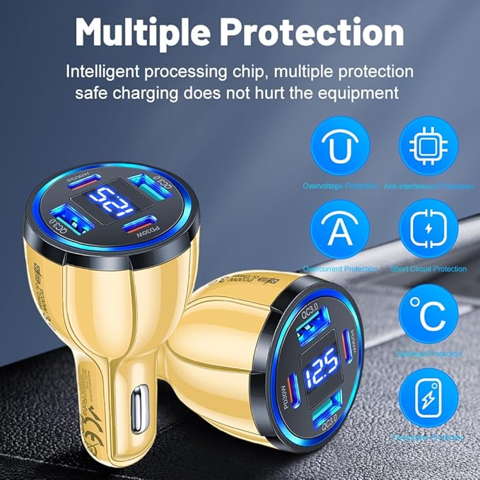USB C Car Charger Adapter with Voltmeter Compatible with iPhone, Android, Samsung, iPad Pro, PD30W &QC3.0 Multi Port Fast Charging (Yellow)