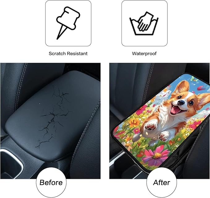JANENFNA Car Armrest Cover Pads Universal Fashion Cute Auto Center Console Armrest Cover Pad with 2PCS Car Coasters Soft Waterproof Car Armrest Seat Protector for Women,Cute Puppy