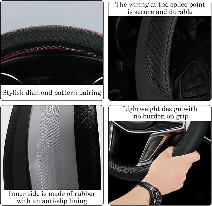 Black Car Steering Wheel Cover, Microfiber, Leather Patchwork, Universal 14.5-15 Inch Leather Anti-Slip Breathable Auto Steering Wheel Covers for Men Women