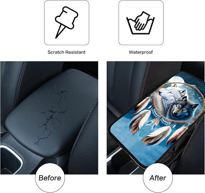 JANENFNA Car Armrest Cover Pads Universal Fashion Cute Auto Center Console Armrest Cover Pad with 2PCS Car Coasters Soft Waterproof Car Armrest Seat Protector for Women,Wolf Feather Hanger