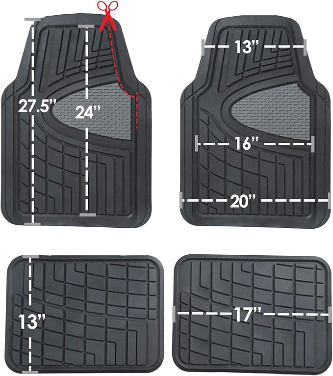 TLH Premium Tall Channel Rubber Car Trimmable Floor Mats - Heavy-Duty Gray Rubber Floor Mats, Universal Fit Full Set, Climaproof™ Floor Mats, Trimmable Floor Mats for Most Sedan, SUV, Truck