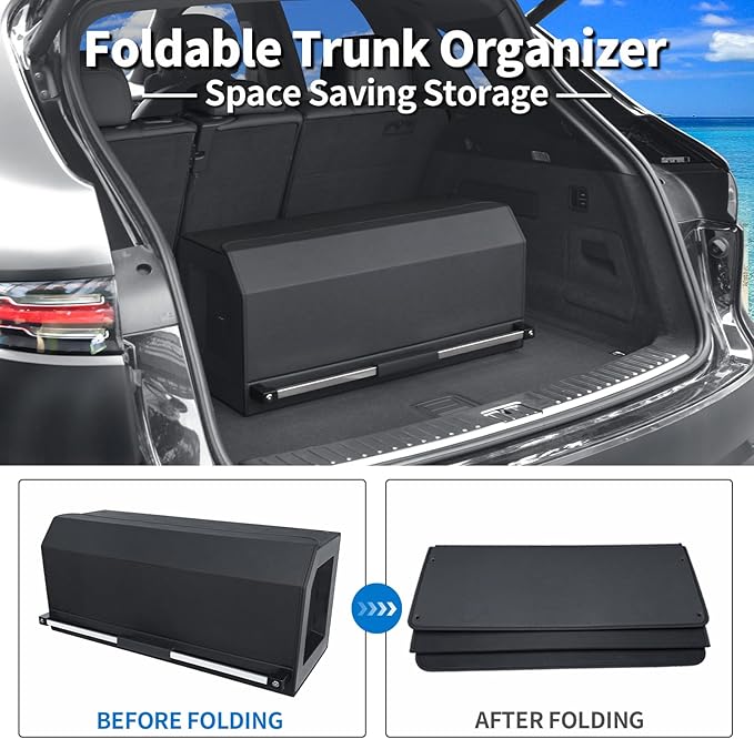 Trunk Organizer for SUV, Leather Collapsible Car Organizers with Magnetic Lid & Sturdy Handle, Waterproof Car Trunk Storage Box for Sedan Minivans Fits Travel, Camping (Black 27.5''*11.4 ''* 12.2'')