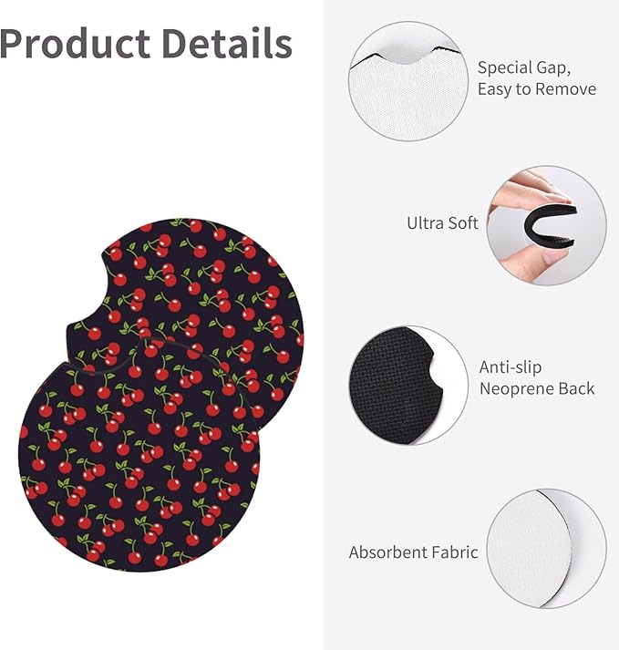Cute Cherry Steering Wheel Cover for Women Men with 2 Pcs Car Coasters, 15 Inches Neoprene Anti-Slip Cute Universal Red Car Accessories Protective Cover for Vehicle