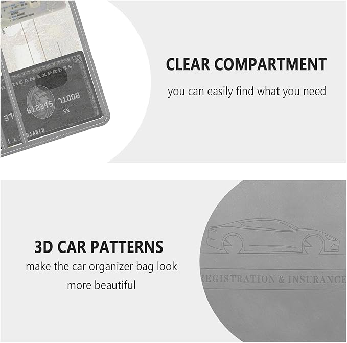 Car Registration and Insurance Holder,PU Leather Car Glove Box Organizer Car Document Holder for ID,Driver's License,Universal Car Organizer Car Accessories for Women/Men(Gray)