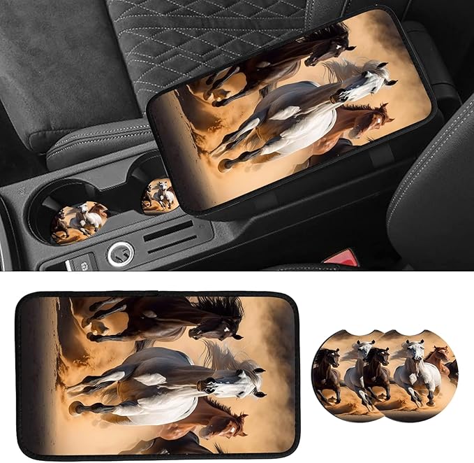 JANENFNA Car Armrest Cover Pads Universal Fashion Cute Auto Center Console Armrest Cover Pad with 2PCS Car Coasters Soft Waterproof Car Armrest Seat Protector for Women,Horses