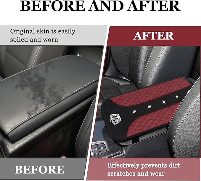 Bling Crown Car Center Console Cover, 12.7"×7.7" Armrest Cover for Cars, Waterproof Leather Arm Rest Box Pad Cushion, Universal Middle Console Cover Protector, Car Accessories (Wine Red)
