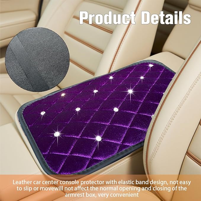 HZEL Bling Car Center Console Cover, Crystal Rhinestone Velvet Soft Vehicle Seat Armrest Box Protector Cushion, Comfortable Diamond Auto Arm Rest Mat Pad, Universal for Truck SUV Sedan (Purple)