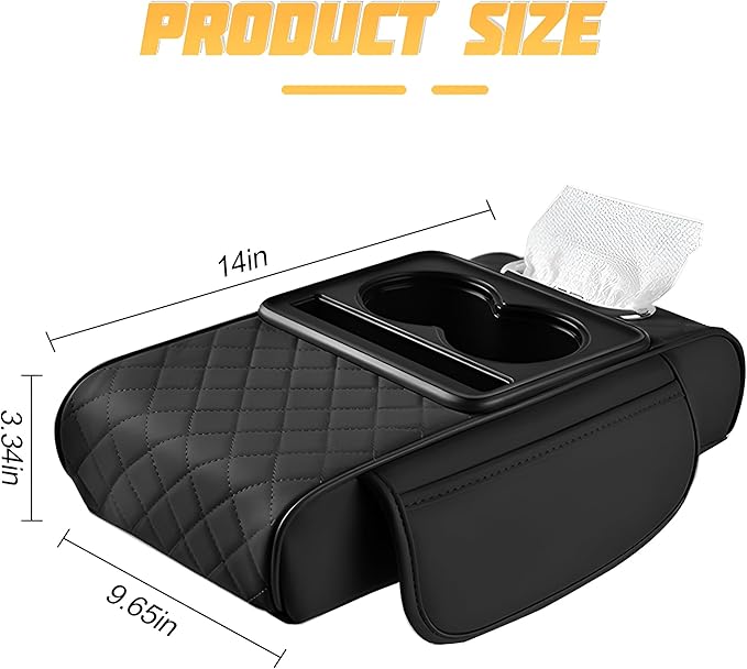 Car Center Console Armrest Pillow, Memory Foam Leather 4 in 1 Vehicle Arm Rest Cover with Tissue Box 2 Side Storage Bag Cup & Phone Holder, Auto Armrest Cushion, Universal Fit (Black)
