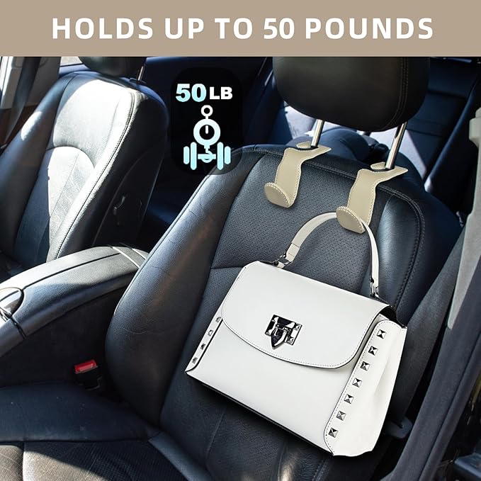 Etre Jeune Car Bag Hooks - 2 Pack Beige Leather Seat Hooks for Hanging Purses, Bags and Coats
