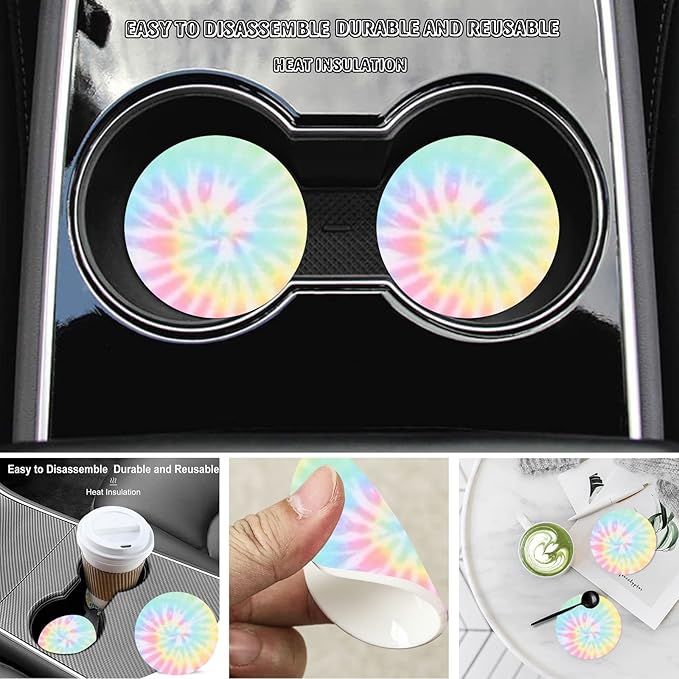 Rainbow Tie Dye Steering Wheel Cover for Women Men with 2 Pcs Car Coasters, Universal 14.5-15 Inch Rainbow Steering Wheel Covers Non-Slip Car Accessories for Girls