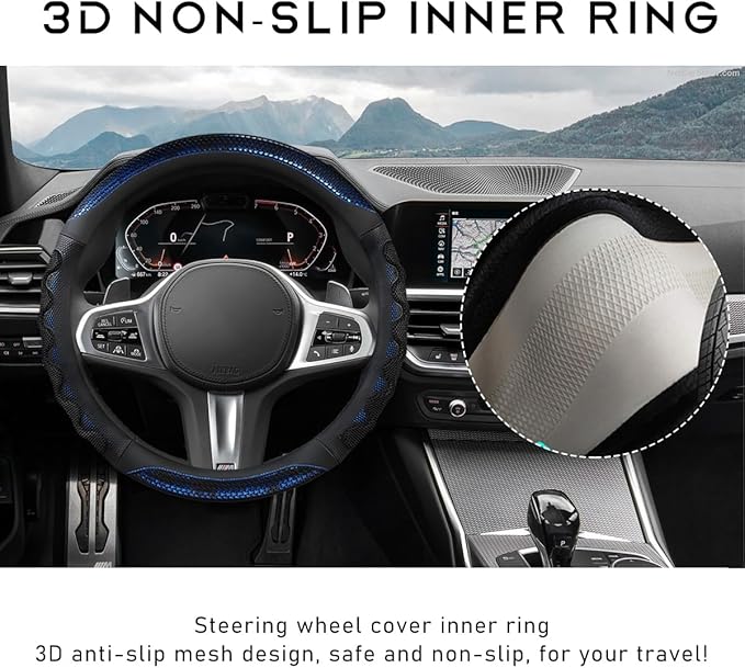 Car Steering Wheel Cover, 15 Inches 3D Honeycomb Design Car Steering Wheel Protector with Comfy Grip, Breathable Anti-Slip D-Shaped Steering Wheel Sleeve for Most Vehicles (Blue,Round)