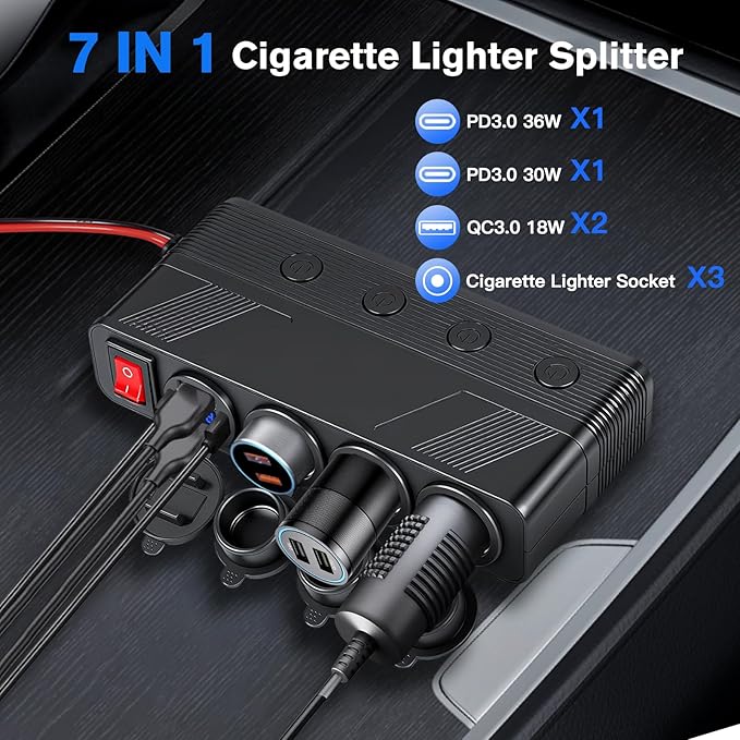 7 in 1 Cigarette Lighter Socket Splitter, 3 Socket Car Charger Adapter with 4 Ports PD66W/QC18W USB Outlet | Independent Switches | Digital Voltmeter, 12V/24V Power Outlet for All Car Devices
