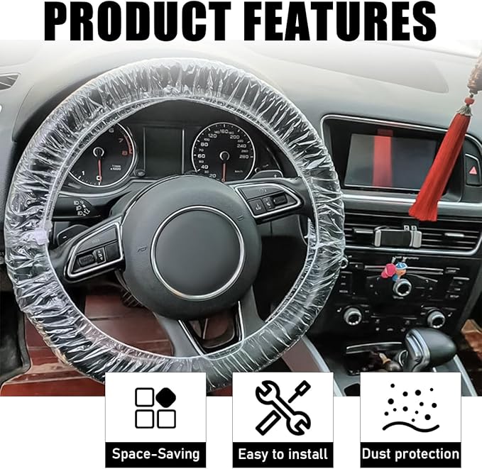 100PCS Disposable Car Steering Wheel Cover, Plastic Transparent Steering Wheel Protector with Elastic Trim, Universal Flexible Wheel Cover for Most Vehicles, Car Accessories