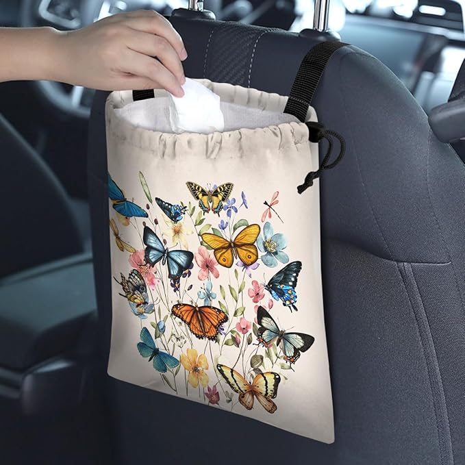 GEGEPINK Car Trash Bag Hanging Back of Seat Waterproof Small Cute Printed One-Handed Strap Drawstring Garbage Bags for Car-Butterfly Wildflower