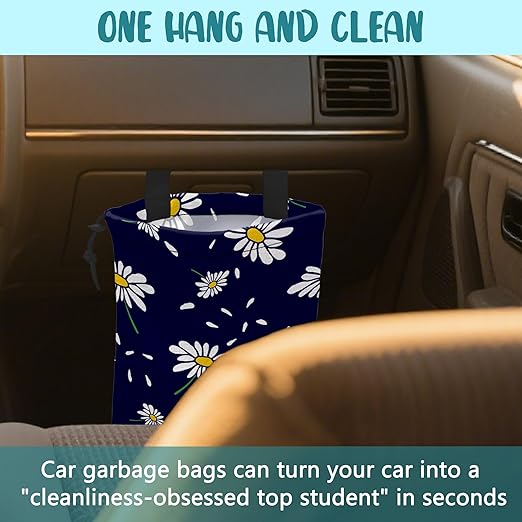 KXWQTRDD Car Garbage Bag Colorful Floral Spring Daisy Drawstring Car Trash Bag Hanging for Back Seat with Adjustable Buckle Canvas Vehicle Trash Can Easy-to-Install