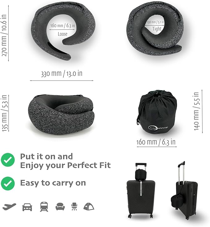2025 Travel Neck Pillow,Stowable Hood,Ergonomic Neck Pillow Airplane,Premium Memory Foam,360º Support,Adjustable Fit,Washable Cover,Complete Travel Set,for Flight,Car and Office (Bright black)