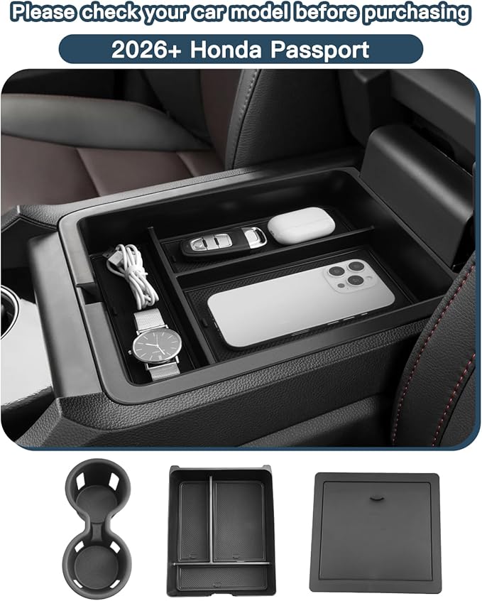 Ruiya 2026 Passport Console Organizer,for Honda Passport 2026 Accessories Cup Holder & Armrest & Hidden Console Organizer Compatible with 2026 Honda Passport RTL/TrailSport/TrailSport Elite(3 Packs)