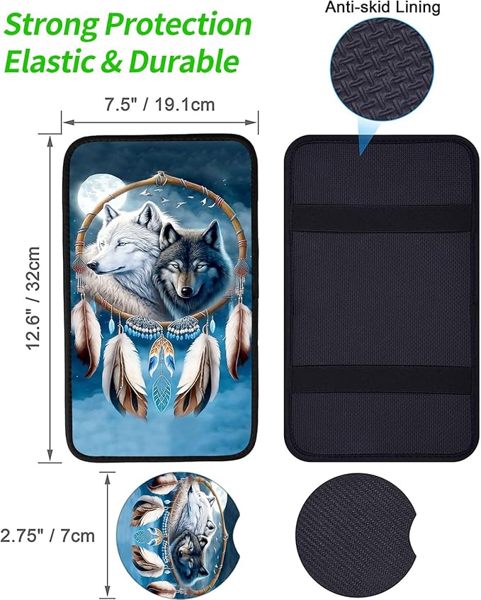 JANENFNA Car Armrest Cover Pads Universal Fashion Cute Auto Center Console Armrest Cover Pad with 2PCS Car Coasters Soft Waterproof Car Armrest Seat Protector for Women,Wolf Feather Hanger