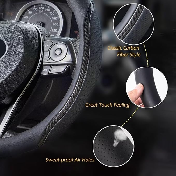 Muamos Steering Wheel Cover Black, Carbon Fiber Car Steering Wheel Covers with Coasters Universal 14.5-15 inch Leather Microfiber Breathable Anti-Slip Steering Wheel Accessories Set