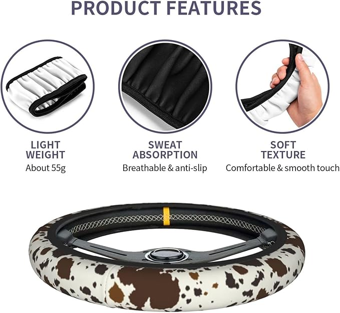 Brown Western Cow Print Steering Wheel Cover for Women Men with 2 Pcs Car Coasters, 15 Inches Neoprene Anti-Slip Cute Universal Car Accessories Protective Cover for Vehicle