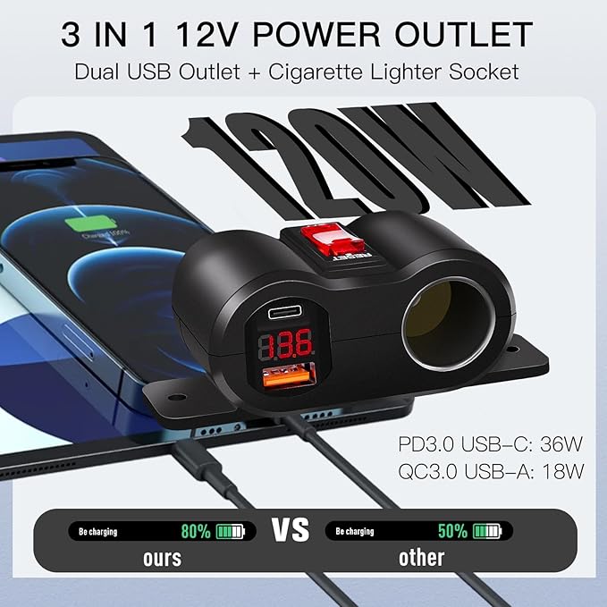 Dual USB Outlet 12V Cigarette Lighter Socket with Switch, PD3.0 USB C and QC3.0 USB Port Car Charger with Voltmeter, 12 Volt Power Outlet Adapter for Boat Marine Truck RV UTV Golf Cart