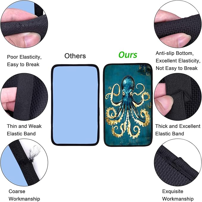 JANENFNA Car Armrest Cover Pads Universal Fashion Cute Auto Center Console Armrest Cover Pad with 2PCS Car Coasters Soft Waterproof Car Armrest Seat Protector for Women,Blue Gold Octopus