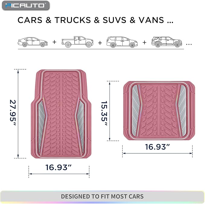 PIC AUTO All Pink Car Floor Mats, Aluminum-Molded with Full-Circle Iridescent Inlay Strip Car Mats, Universal-Fit Rubber Mats for Cars, Trucks & SUVs, All-Weather, Non-Slip, Easy-to-Clean Interior Mat