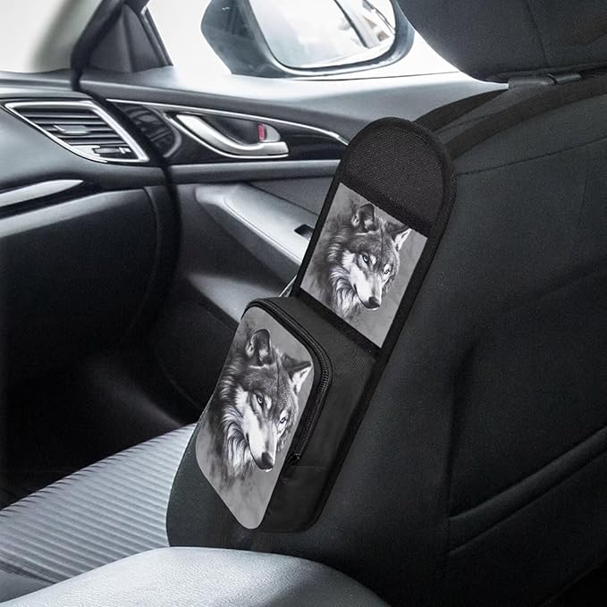 Grey Wolf Car Seat Storage Bag Universal Car Seat Back Side Hanging Bag, Car Multi-Pocket Seat Side Organizer, Can Hold Mobile Phone, Wallet, Glasses