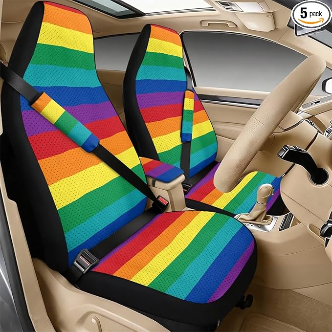 Psesaysky Rainbow Stripe Car Seat Covers Set of 2 with Padded Armrest Cover Seat Belt Pad, Waterproof Car Interior Accessories Unverisal Fit Most Vehicle SUV Turcks