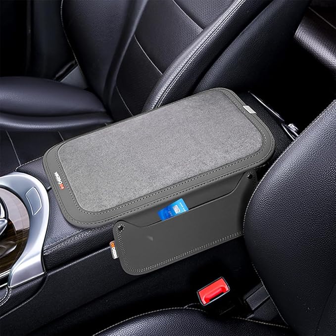 Car Center Console Cover, Leather Furry Fluffy Armrest Seat Box Cushion Pad with 2 Storage Bags, Comfortable Auto Interior Middle Console Protector, Compatible with Most Vehicle (Gray)