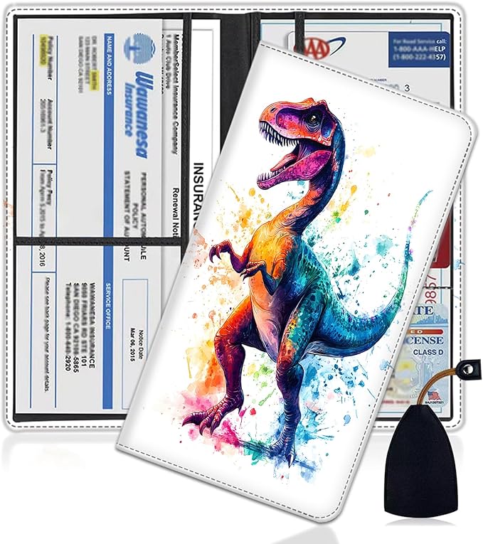 Car Document Holder with Magnetic Shut, Car Registration and Insurance Card Holder, Vehicle Glove Box Organizer Documents, Driver License, Auto Paperwork Organizer Wallet, Colorful Watercolor Dinosaur