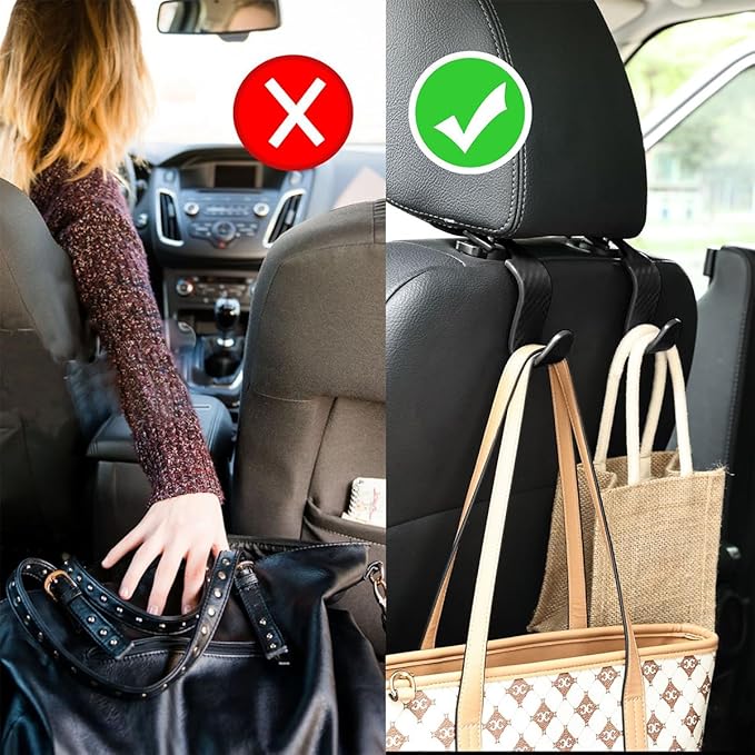 Car Seat Headrest Hook, 4 Pack Auto Seat Hanger Storage Organizer for Purse Handbag Coats Grocery Bags, Car Interior Accessories, Universal Vehicle Backseat Plastic Hanging Hook (Black2)