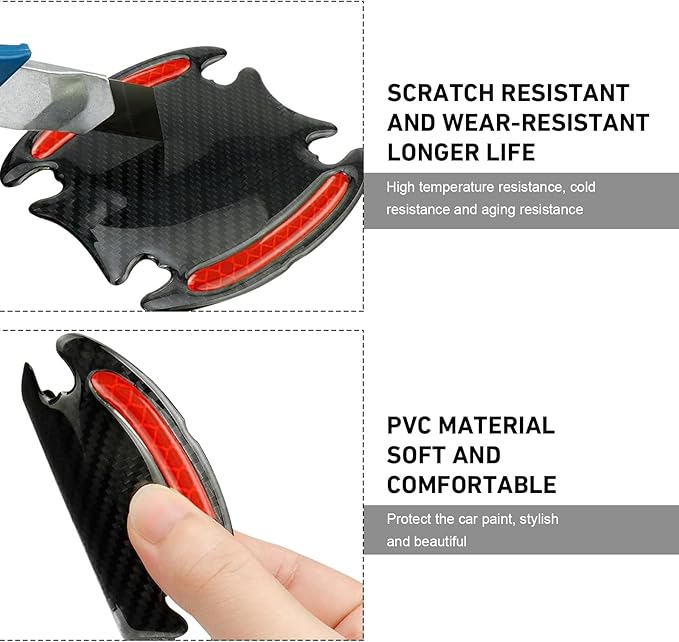 WZP 8PCS Car Door Handle Scratch Protectors, 3D Carbon Fiber Door Handle Scratch Protector Cover, Anti-Scratches Safety Reflective Strips, Universal Car Exterior Accessories for Most Vehicles (Red)