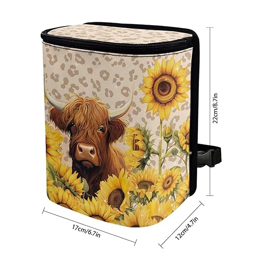 Highland Cow Car Trash Can Hanging Mini Auto Garbage Bin with Lid Washable Leak Proof Automotive Car Rubbish Bags for Back Front Seat，Car Interior Accessory