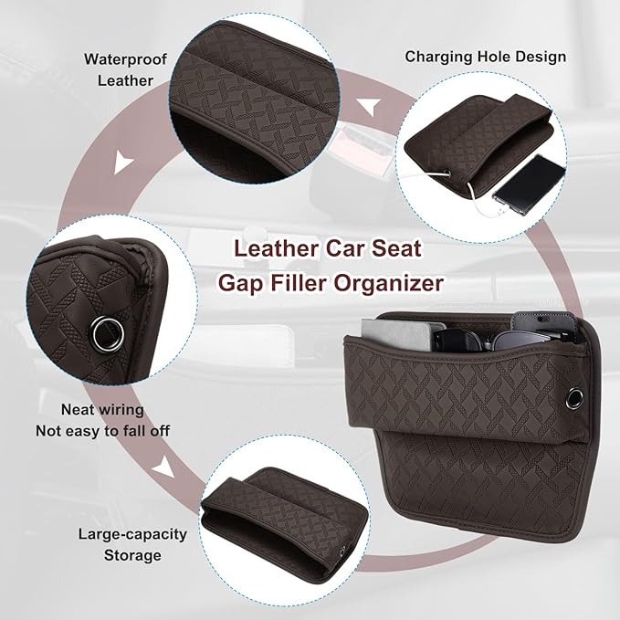 HARFINGTON Car Seat Gap Filler Organizer 11.5 x 8 x 2.1 Inch Leather Universal Car Organizer Storage Box Between Seat and Console for Phone Sunglasses Keys, Coffee