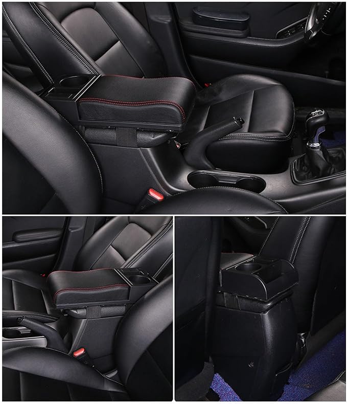 Center Console Armrest Box Cover Adjustable Length with USB Charging Port Cup Holder Universal for Most Vehicles (Red Line)