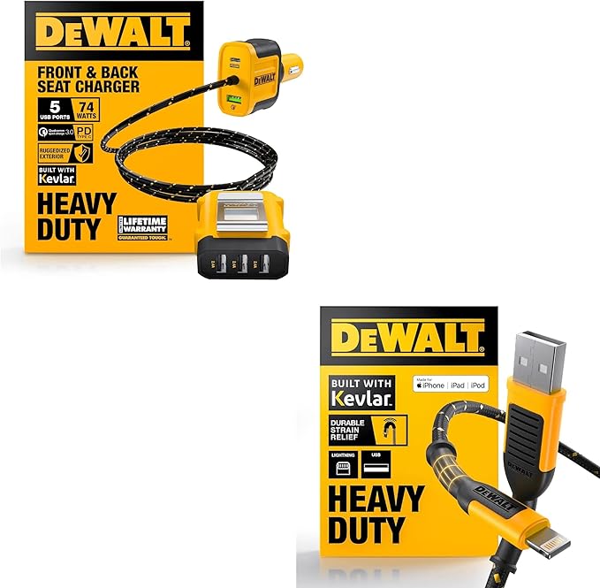 DEWALT Heavy Duty 72W 5 Port USB Car Charger Multiport, iPhone 16 Multi USB Car Charger, Fast Charge PD & QC3.0 Cigarette Lighter Adapter w/ 6FT Cable, Type C Front/Back Charging for Multiple Devices