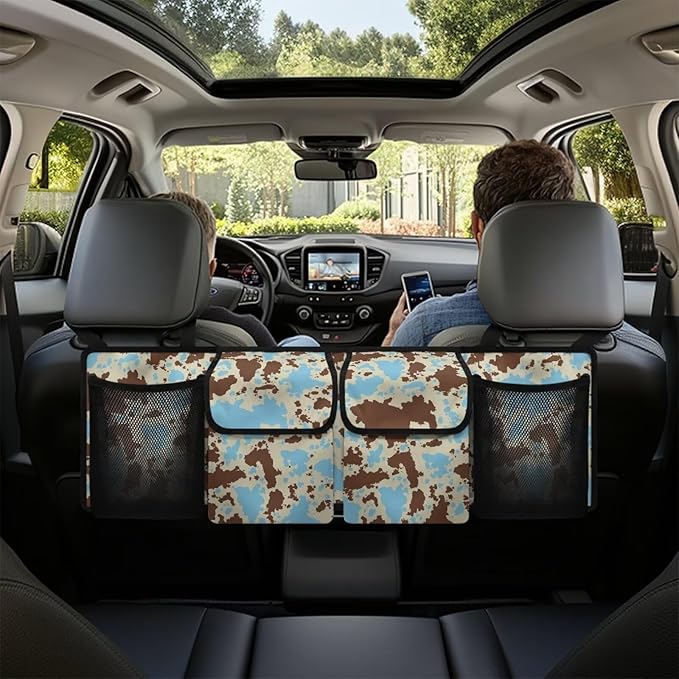 SEANATIVE Blue Brown Cow Car Trunk Organizer, Backseat Hanging Organizer with 4 Pockets, Waterproof Collapsible Cargo Storage Bag, Car Interior Accessories Car Seat Organizer for SUV, Truck, MPV