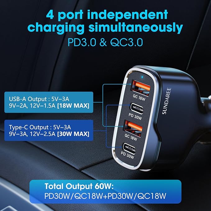 SUNDAREE 4 Ports USB C Fast Car Charger with Plug Outlet, Car Charger Adapter with 3.3FT Cable(USB-A to USB-C), Dual QC 18W & PD 30W Car Phone Charger for iPhone 17/16/15 Pro/Max/SamsungS25 & More