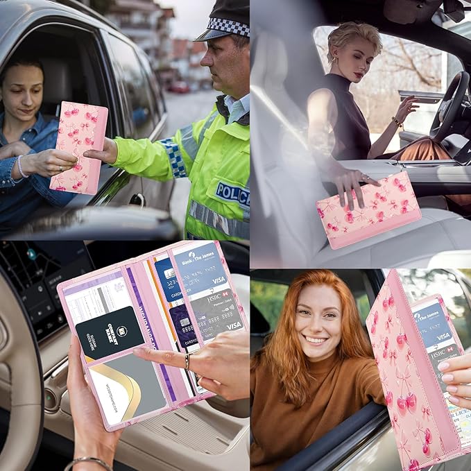 FinestHouse Car Registration and Insurance Holder with Magnetic Closure, Universal Document Organizer for License, Insurance Cards & Glove Box Storage (Cherry-Pink)