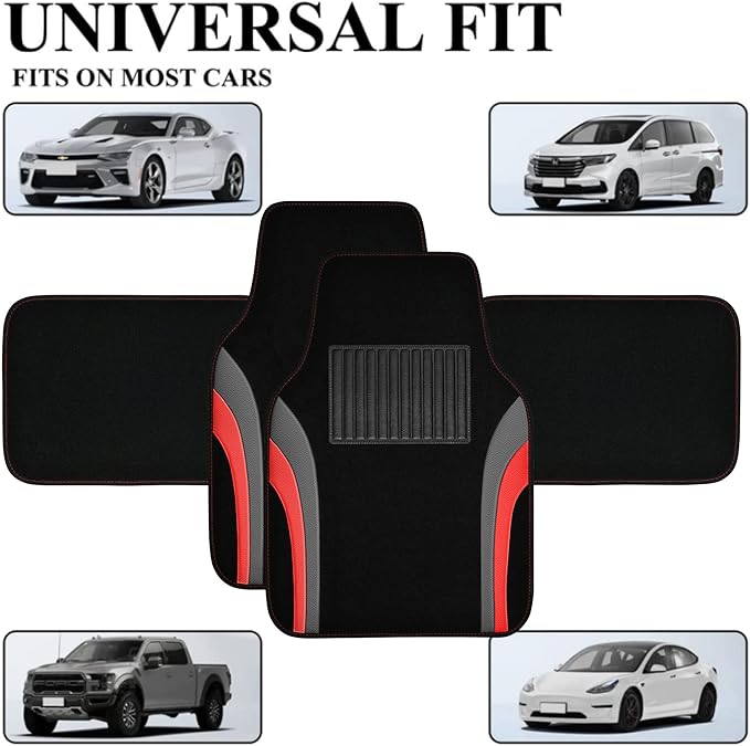 CAR PASS Leather Sporty Car Floor Mats Carpet, Universal Waterproof Automotive Floor Mat Fit for Sedans, Cars, Mid Trucks, Vans, SUV, Set of 4 (Black and Red)