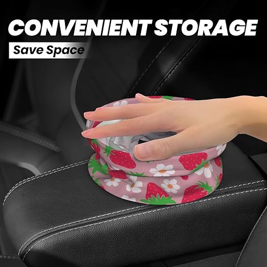KXWQTRDD Car Garbage Bag Pink Strawberry and Floral Mini Car Trash Bin Portable Collapsible Waterproof Rubbish Bag for Car Accessories Back Front Seat Cup Holder