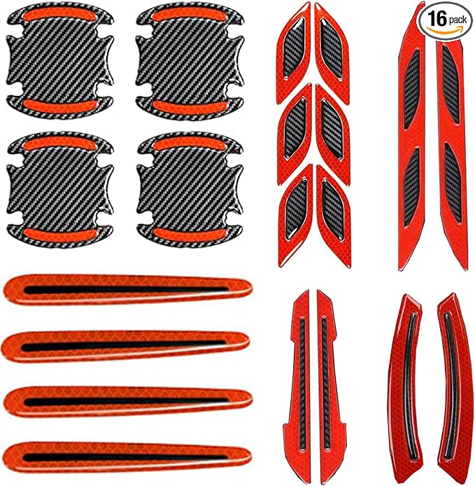 16 Piece Reflective Car Sticker Set Mirror Warning Sticker Car Door Handle Protector Reflective Self-Adhesive and Scratch Free Paint Protective Film (Red)