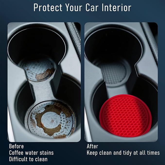 KULOLO Car Cup Holder Coaster 4 Pack - Non Slip & Shockproof,Flexible PVC Rubber Insert for Car/Truck/SUV/Van (2.75"x0.2") Universal Fit Auto Cup Holders Accessories for Women and Man (Red)