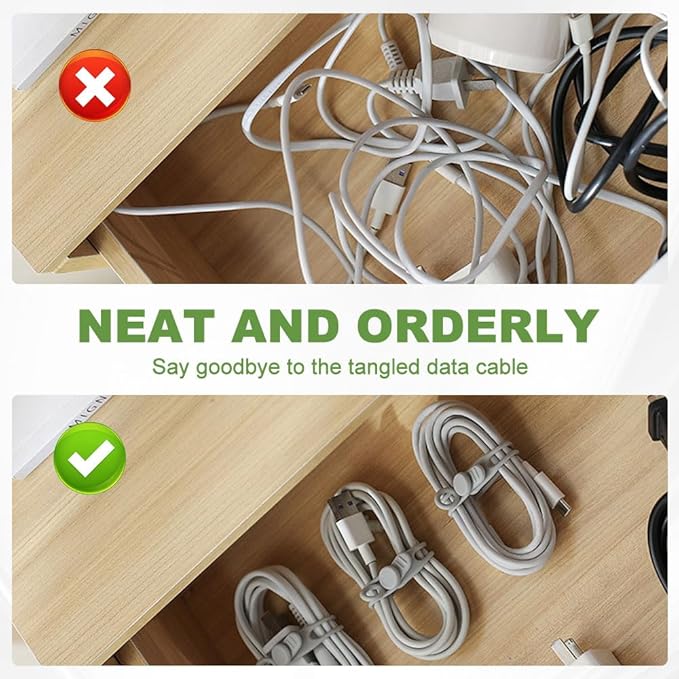 12PC Data Cable Organizer, 2026 Upgrade Silicone Cable Ties Reusable Cable Management Organizers, Multipurpose Elastic Cord Organizer for Fastening and Bundling Cable Cords Wires (12PC)