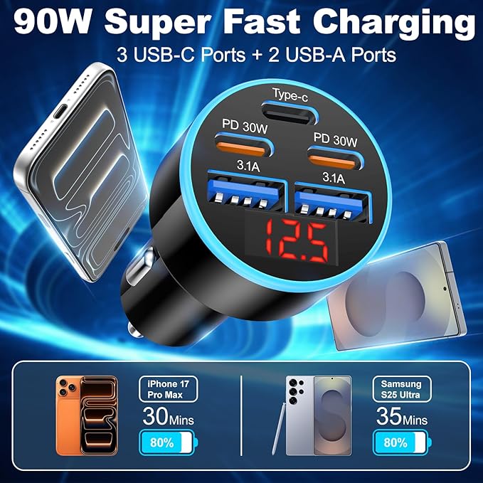 [5 in 1] USB C Car Charger, 5-Port 90W Fast Charging Cigarette Lighter Adapter with USBC Cable,Dual 30W USBC & USB-A Multiport Car Phone Charger with Voltmeter for iPhone 17/16/15 Pro Max,iPad,Galaxy