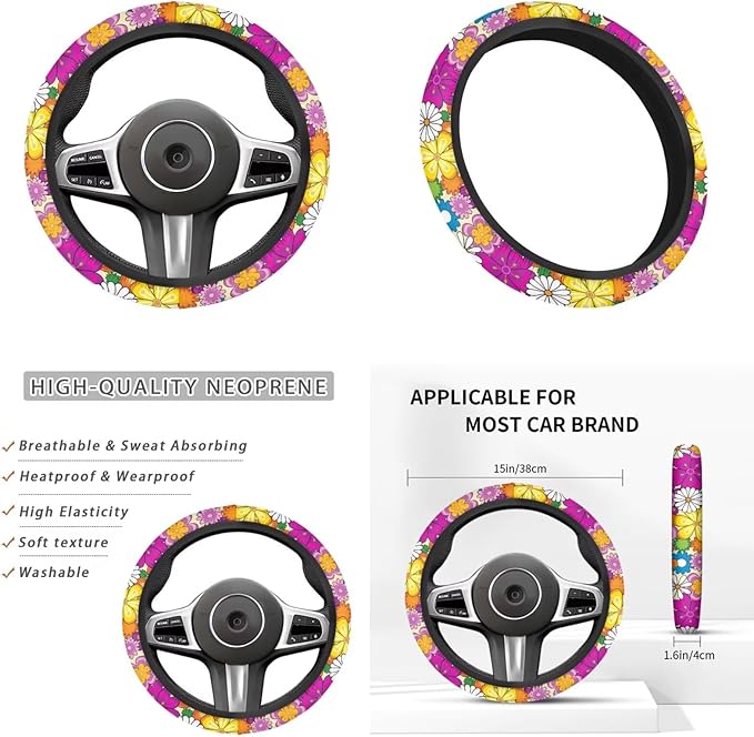 6 PCS Hippie Daisy Print Steering Wheel Cover Flower Car Armrest Cover Handbrake Coer Car Interior Sets for Men Women Fit for Trucks Vans Suvs